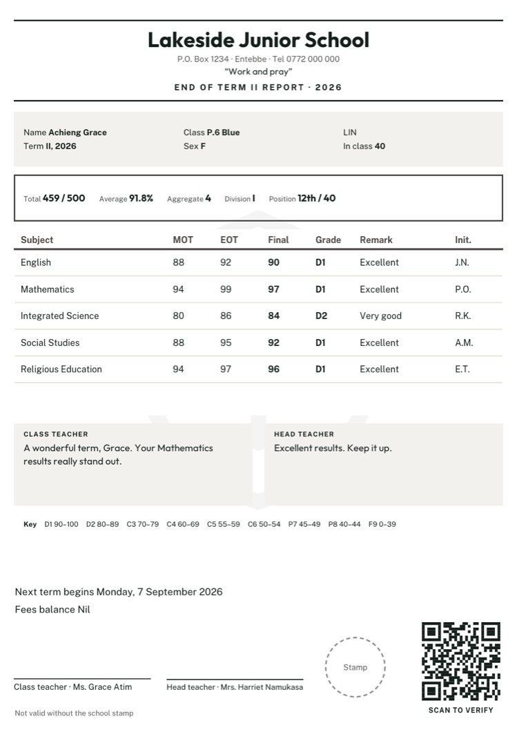 Clean modern primary report card