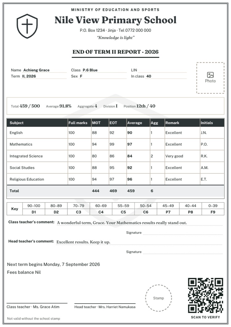 A primary report card in the classic ministry style, with full marks, aggregates and initials
