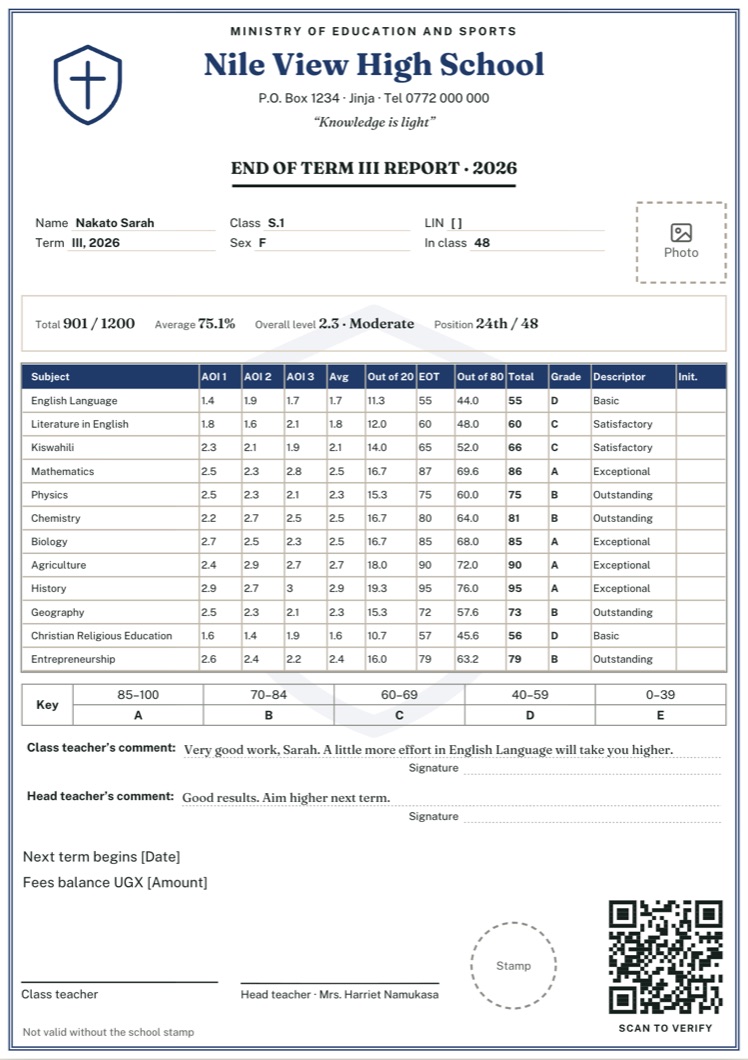 A new curriculum report card for S.1 with AOI 1 to 3, average, out of 20, EOT, out of 80, total, grade and descriptor for each subject