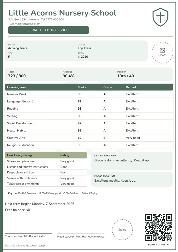 A nursery report card with learning areas, ratings and comments