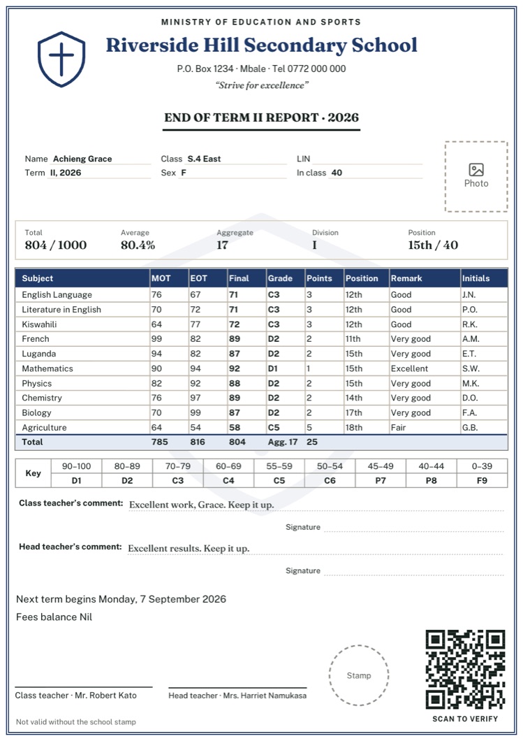 A secondary report card with marks, grades, points, aggregate and division