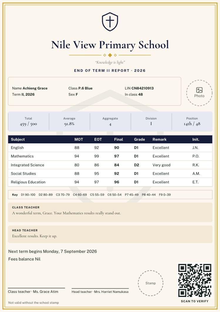 Gazette: a primary report card design. Certificate style with an ornamental divider