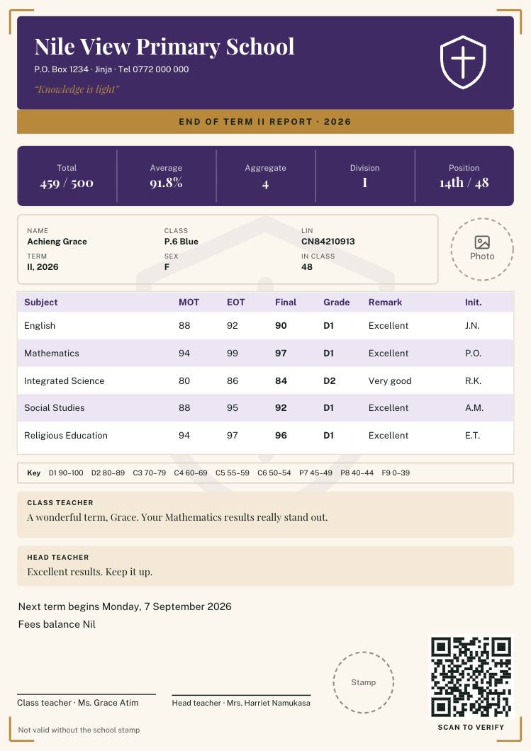 Royal: a primary report card design. Results first, gold title strip